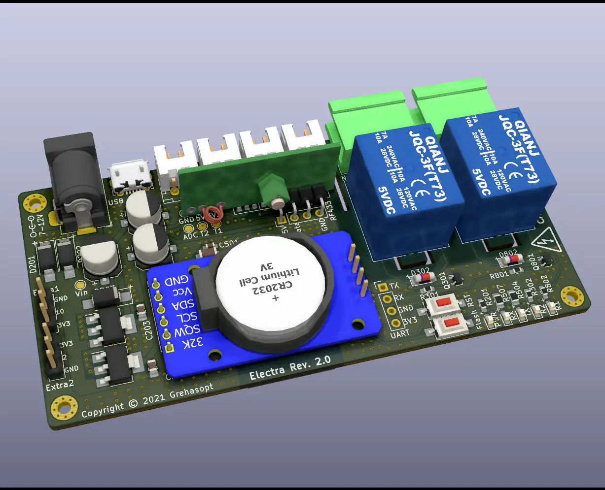 Electra custom PCB board designed to switch 230V devices via dual relays