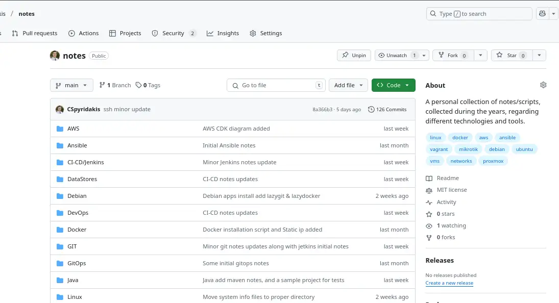 Screenshot of the notes and scripts GitHub repository